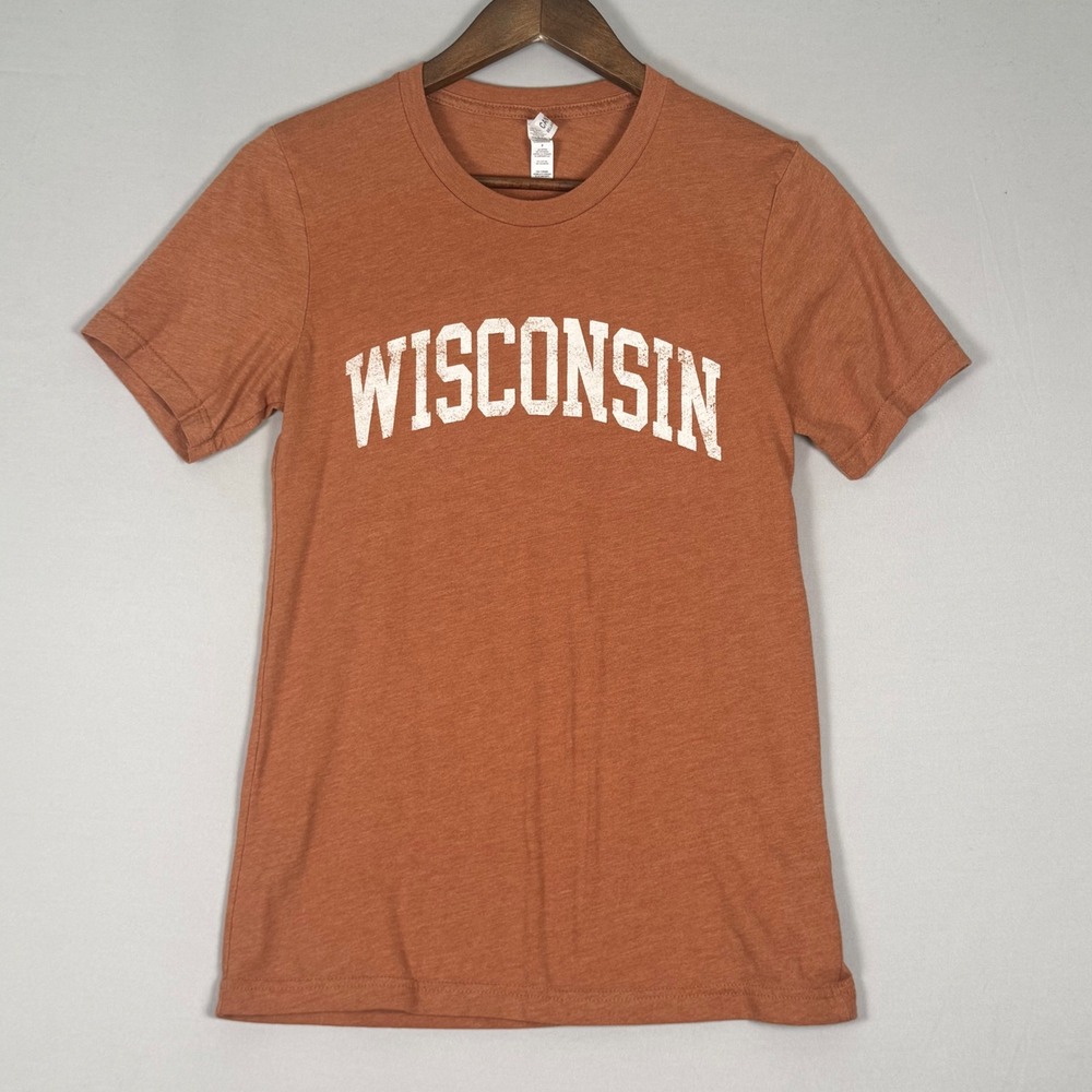 Bella+Canvas Wisconsin T-Shirt Small Orange Excellent Distressed Graphic Tee